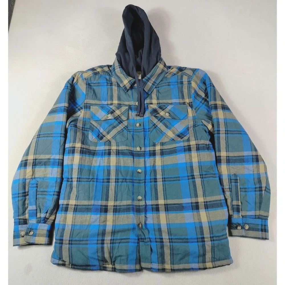 Legendary Whitetails Jacket Mens Large Blue Plaid Flannel Hooded Quilted Shacket